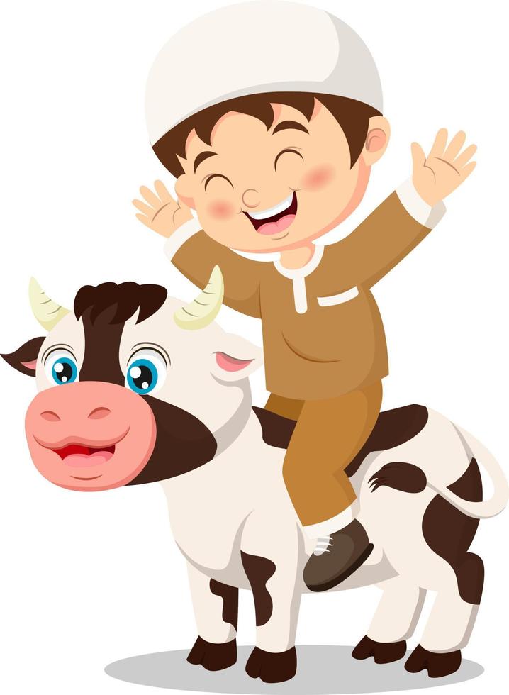 Cute muslim boy cartoon celebrating Eid al Adha with cow vector