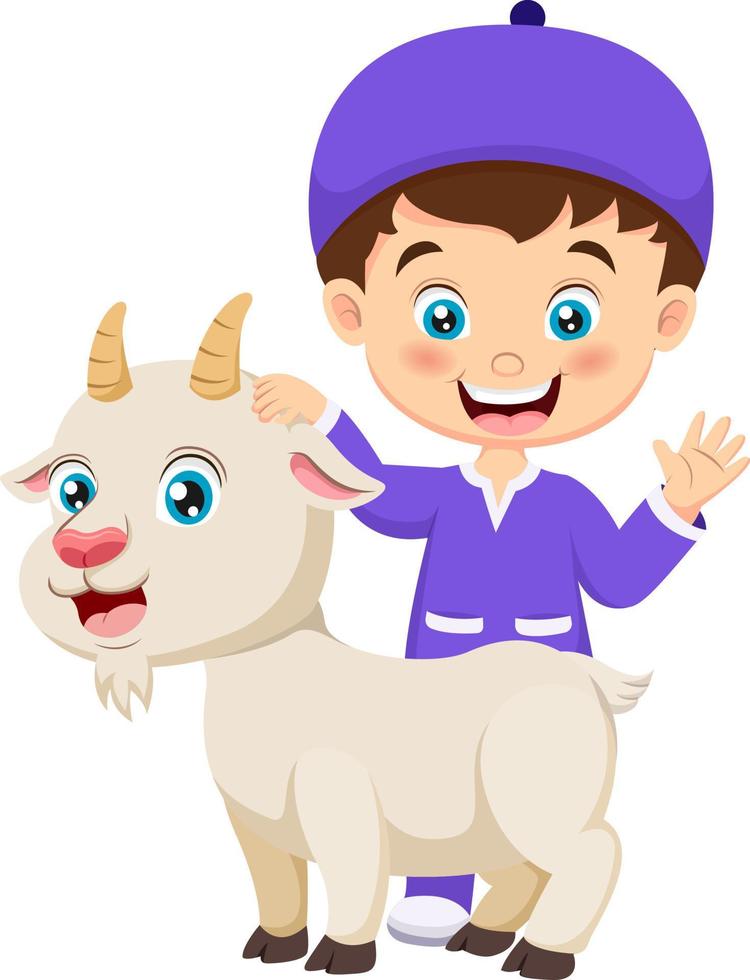 PrintCute cartoon muslim boy celebrating Eid al Adha with goat vector