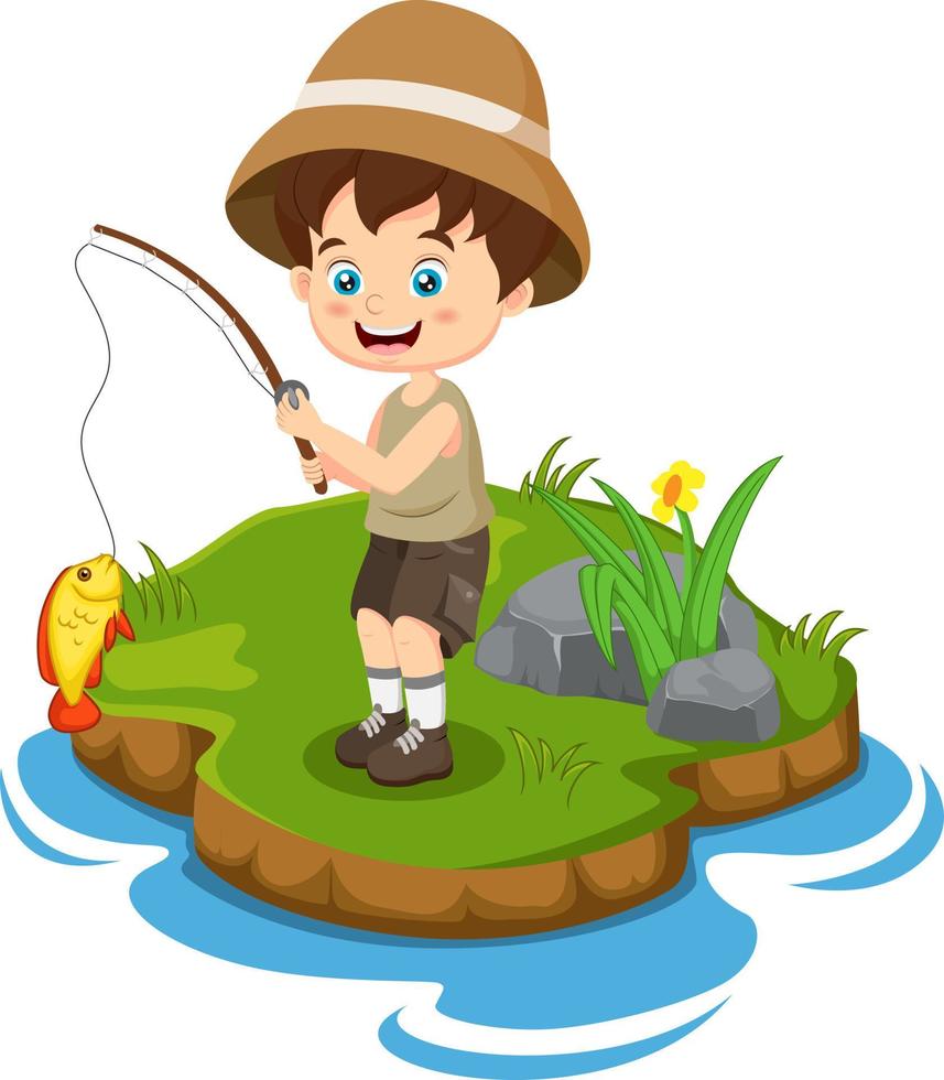 Cartoon little boy fishing in a river vector