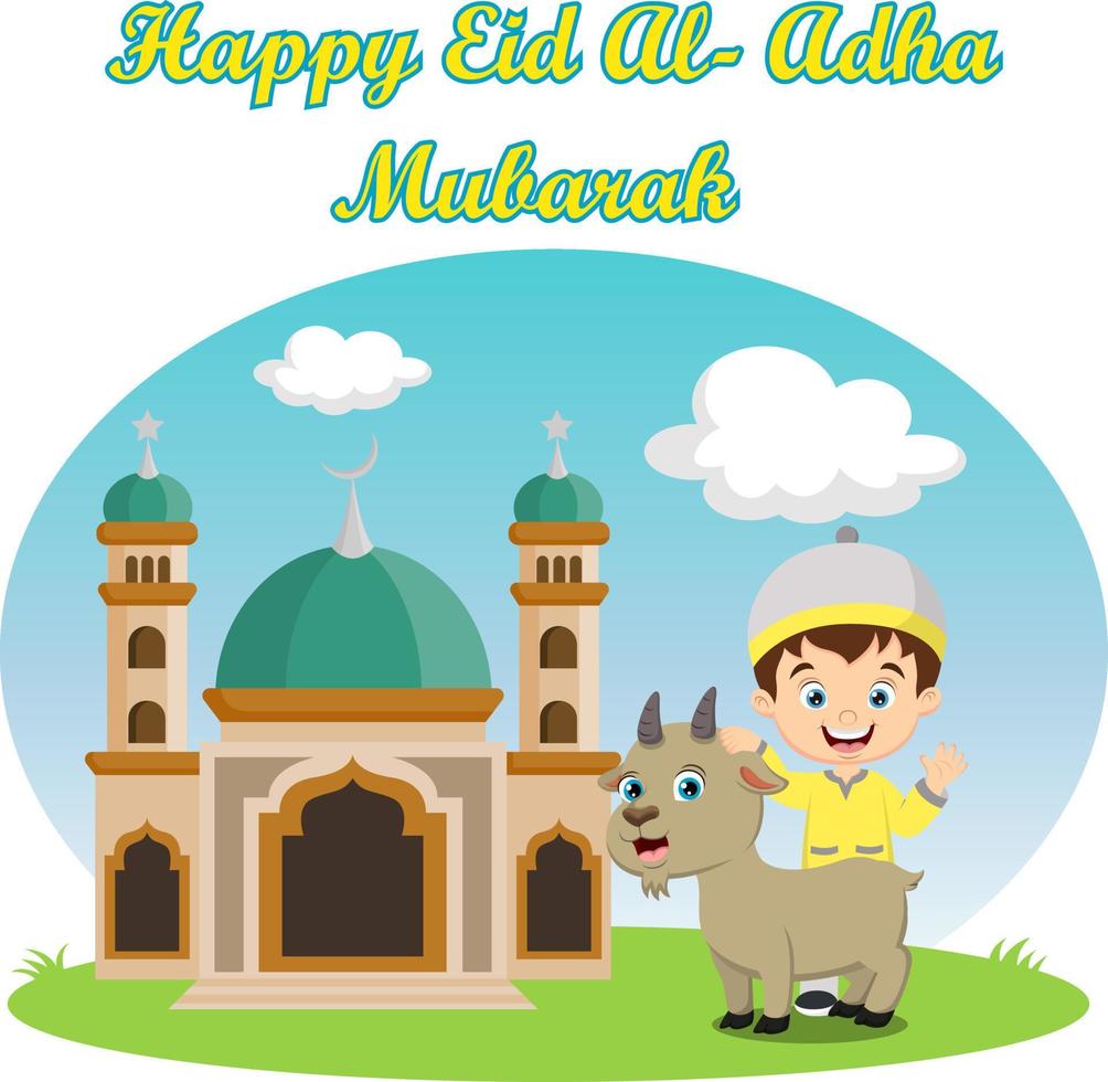 Cute cartoon muslim boy celebrating Eid al Adha with goat on mosque background vector