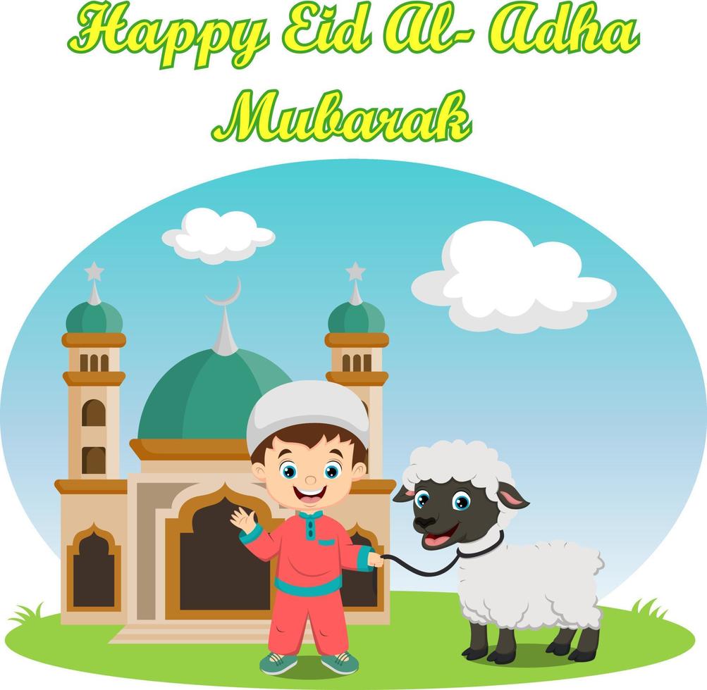 Cute cartoon muslim boy celebrating Eid al Adha with sheep on mosque background vector