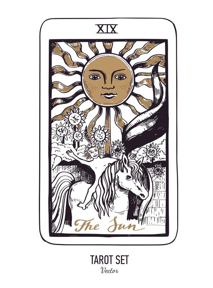 Vector hand drawn Tarot card deck.  Major arcana The Sun.  Engraved vintage style. Occult, spiritual and alchemy symbolism