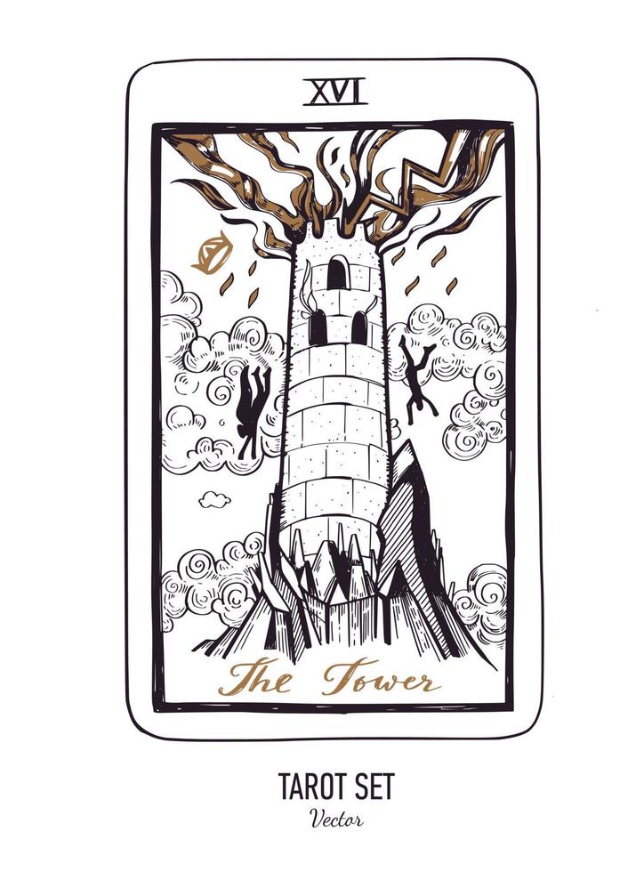 Vector hand drawn Tarot card deck.  Major arcana the Tower.  Engraved vintage style. Occult, spiritual and alchemy symbolism