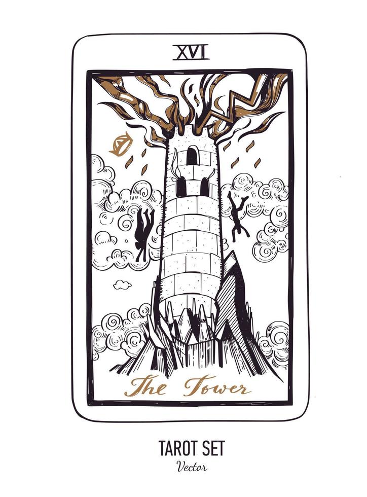 baraja de cartas de tarot dibujada a mano vectorial. arcanos mayores la torre. estilo vintage grabado. simbolismo oculto, espiritual y de alquimia vector