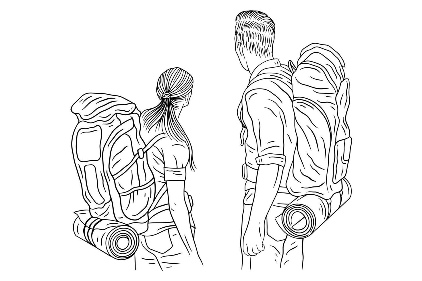 feliz pareja aventura explorar viaje alpinista cámping romance viaje deporte arte lineal dibujada a mano vector