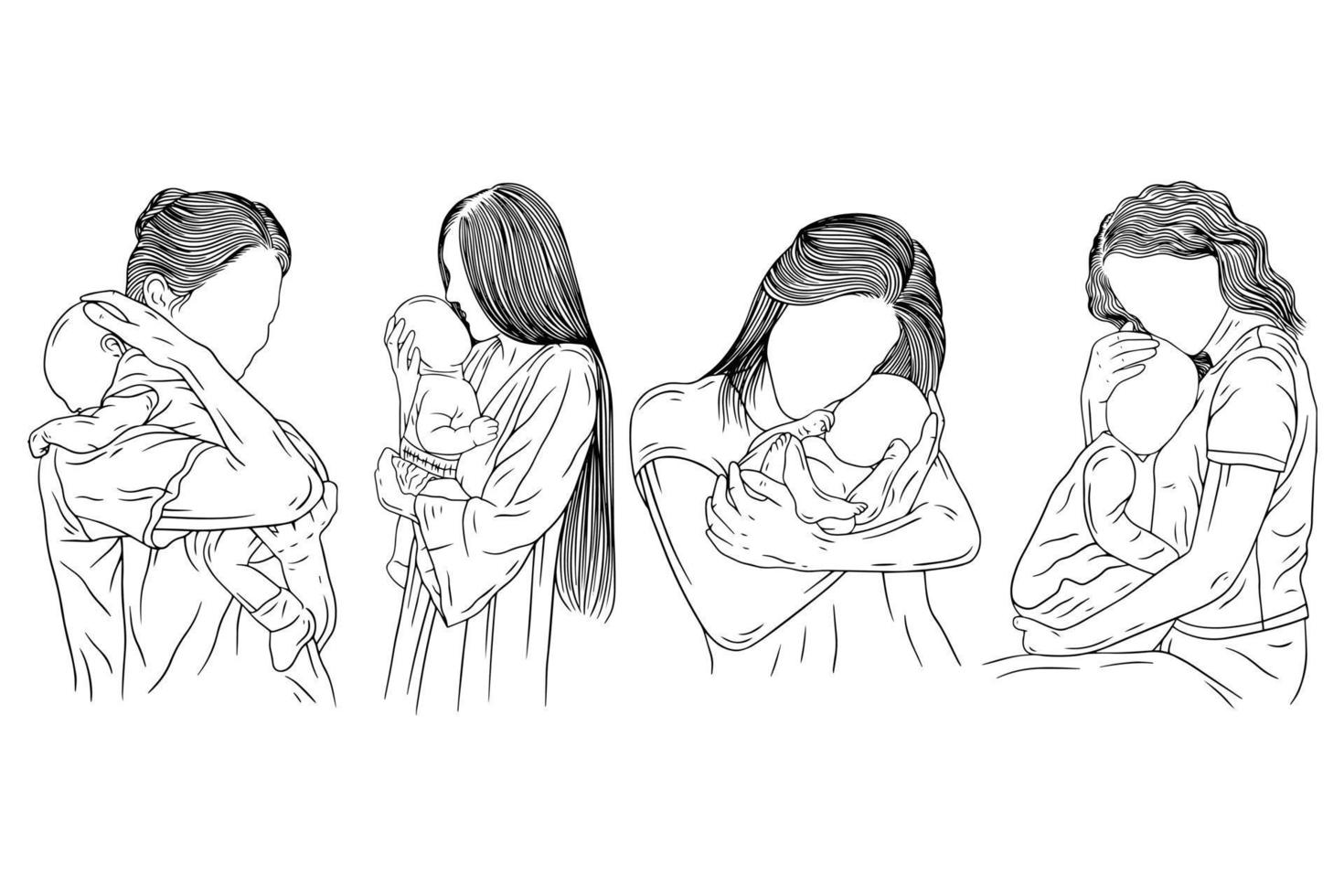 conjunto paquete lindo madre y bebé nacido feliz familia madre e hijos mujeres empoderar bebé nacimiento arte lineal estilo dibujado a mano vector