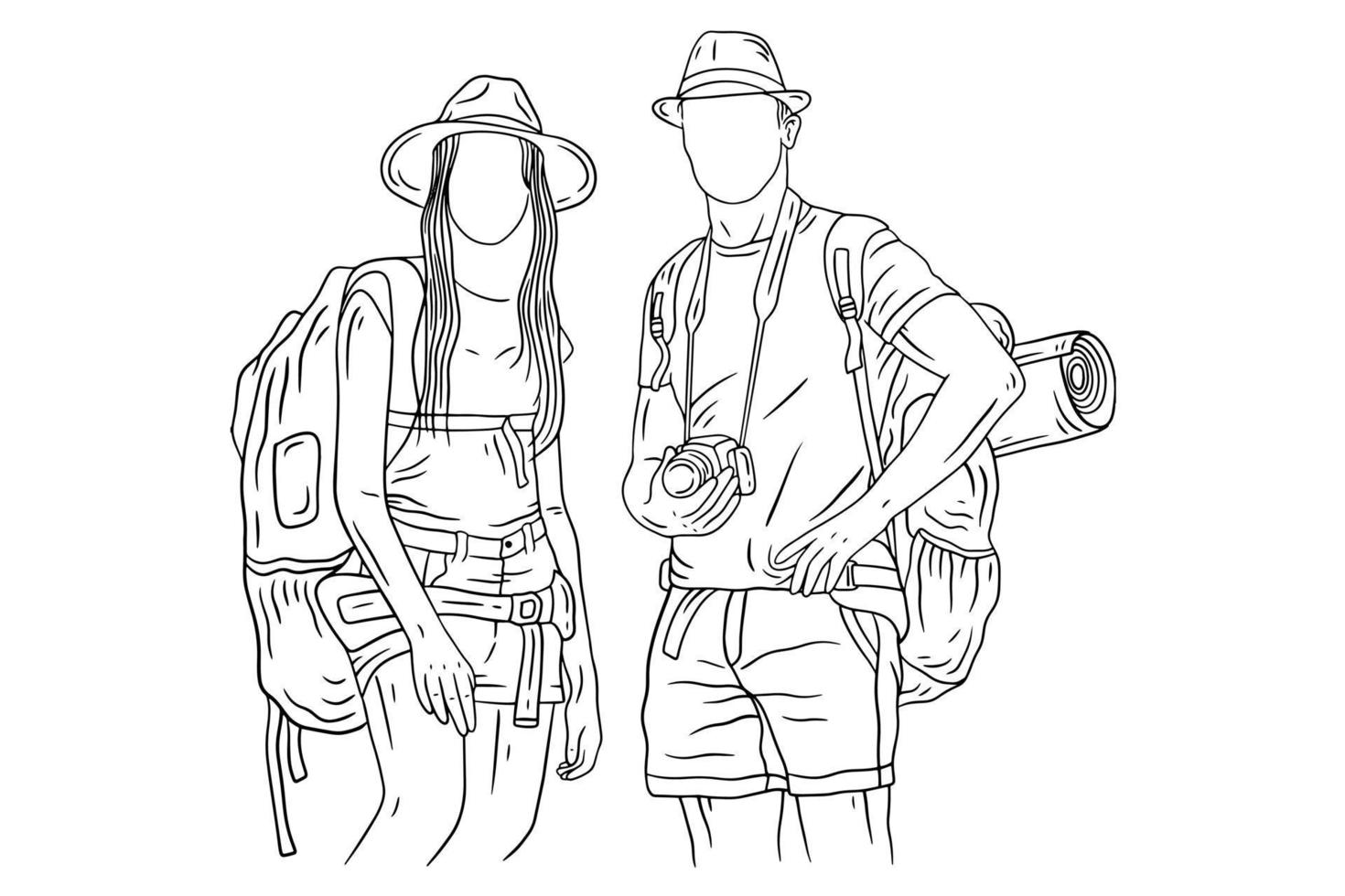 Happy Couple Adventure Explore Trip Mountain Climber Camping Romance Journey Sport Line Art Hand Drawn vector