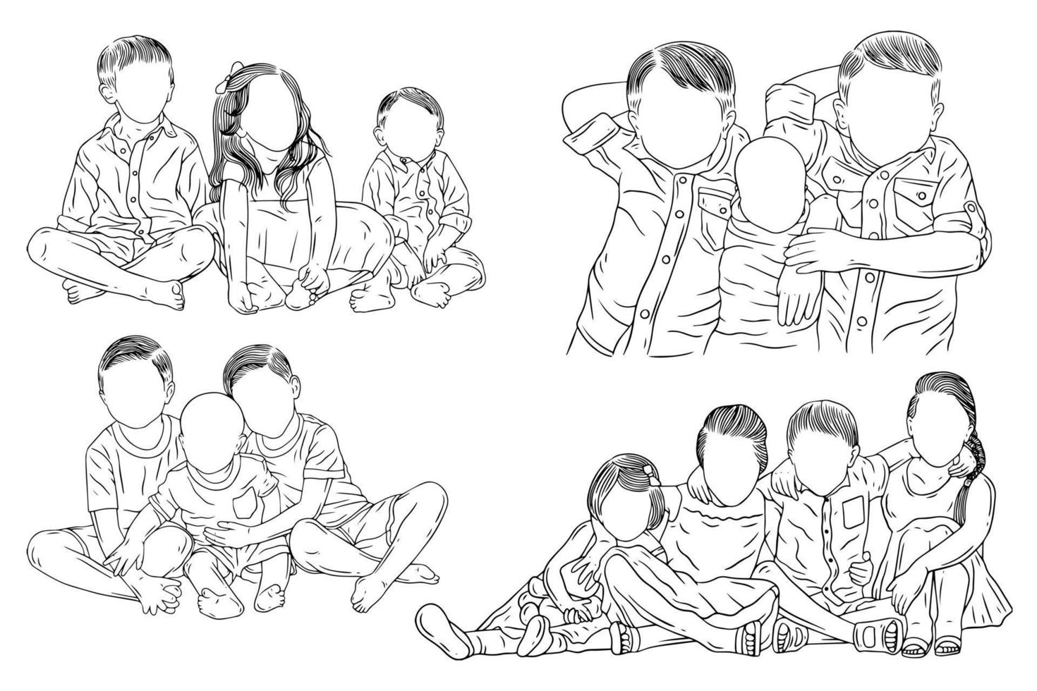 conjunto paquete lindo feliz hermano hermano y hermana hija e hijo bebés familia niños arte lineal dibujado a mano ilustración vector