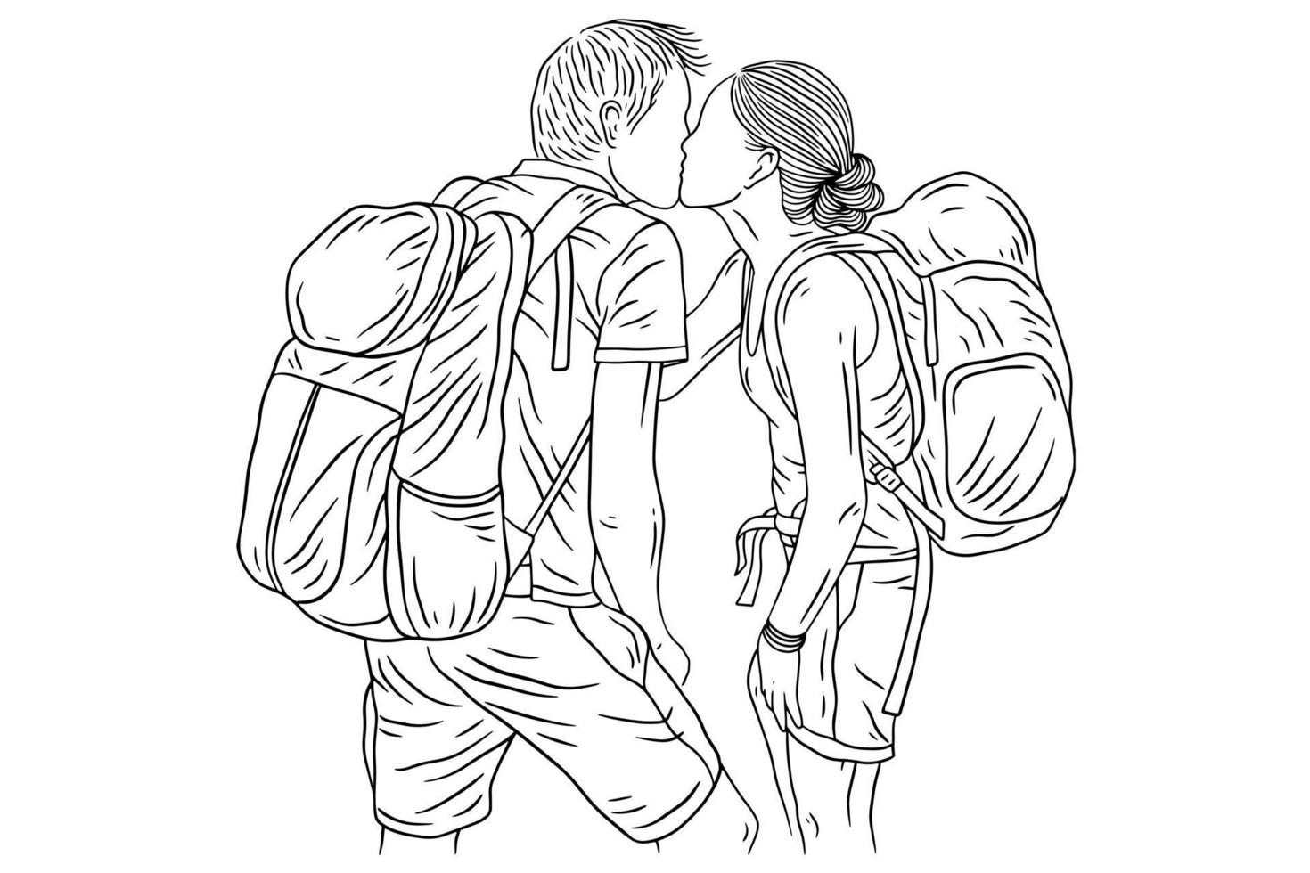 Happy Couple Adventure Explore Trip Mountain Climber Camping Romance Journey Sport Line Art Hand Drawn vector