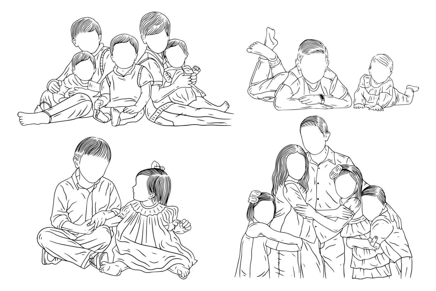 Set Bundle Cute Happy Sibling Brother and Sister Daughter and Son Babies Family children Kids Line Art Hand Drawn illustration vector