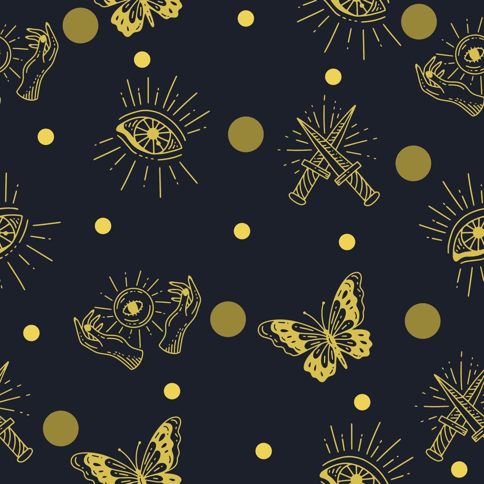 many abstract eyes seamless pattern random gold object wallpaper with design dark. vector