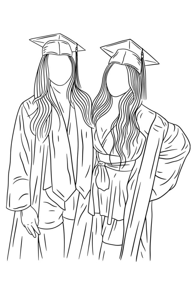 Happy Best friends happy graduation women girls university line arts style hand drawn illustration vector