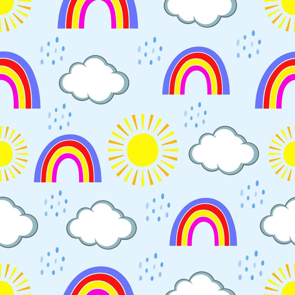 Hand drawn seamless pattern of colorful summer rainbows, clouds and rain drops vector