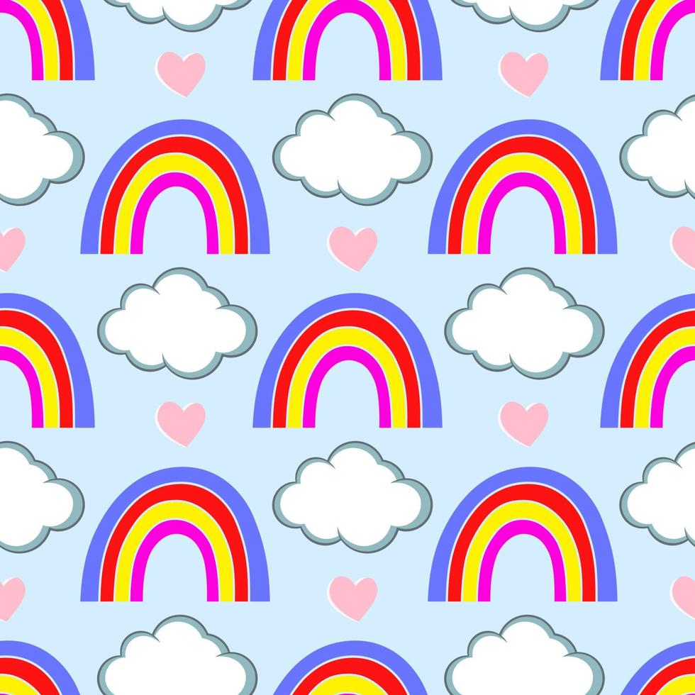 Hand drawn seamless pattern of colorful summer rainbows and clouds vector