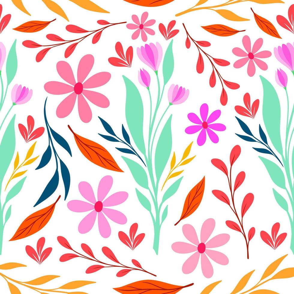 Summer floral decorative seamless pattern with floral elements and several kinds of leaves vector