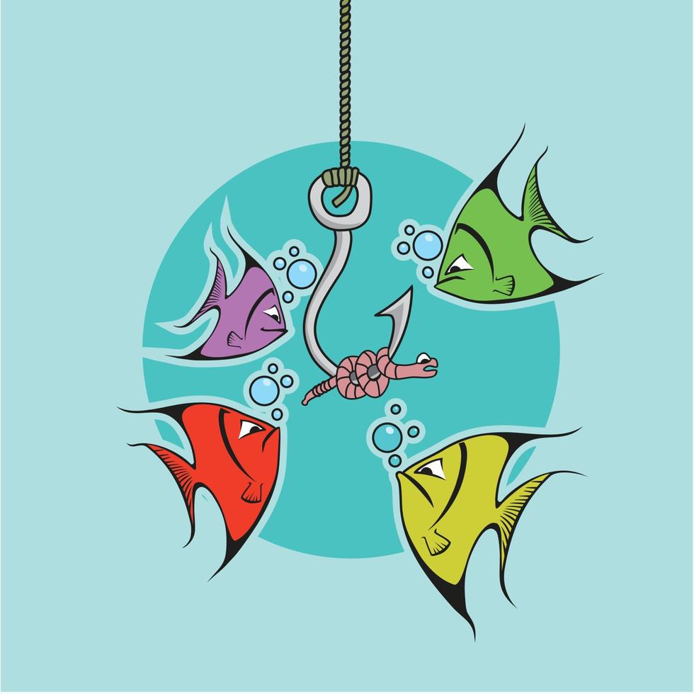 Four fish and fishing hook vector