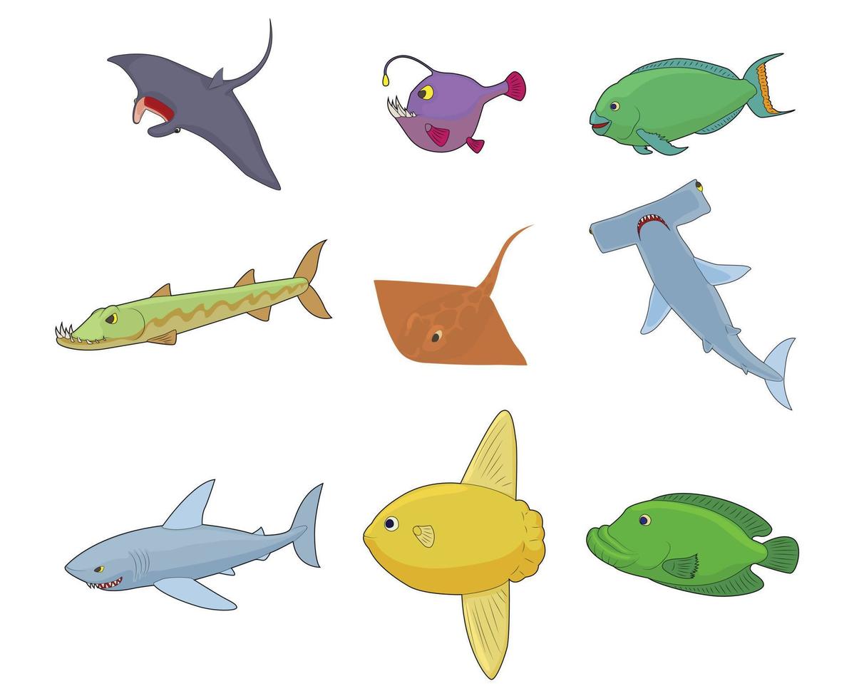 Sea fish icon set, cartoon style vector