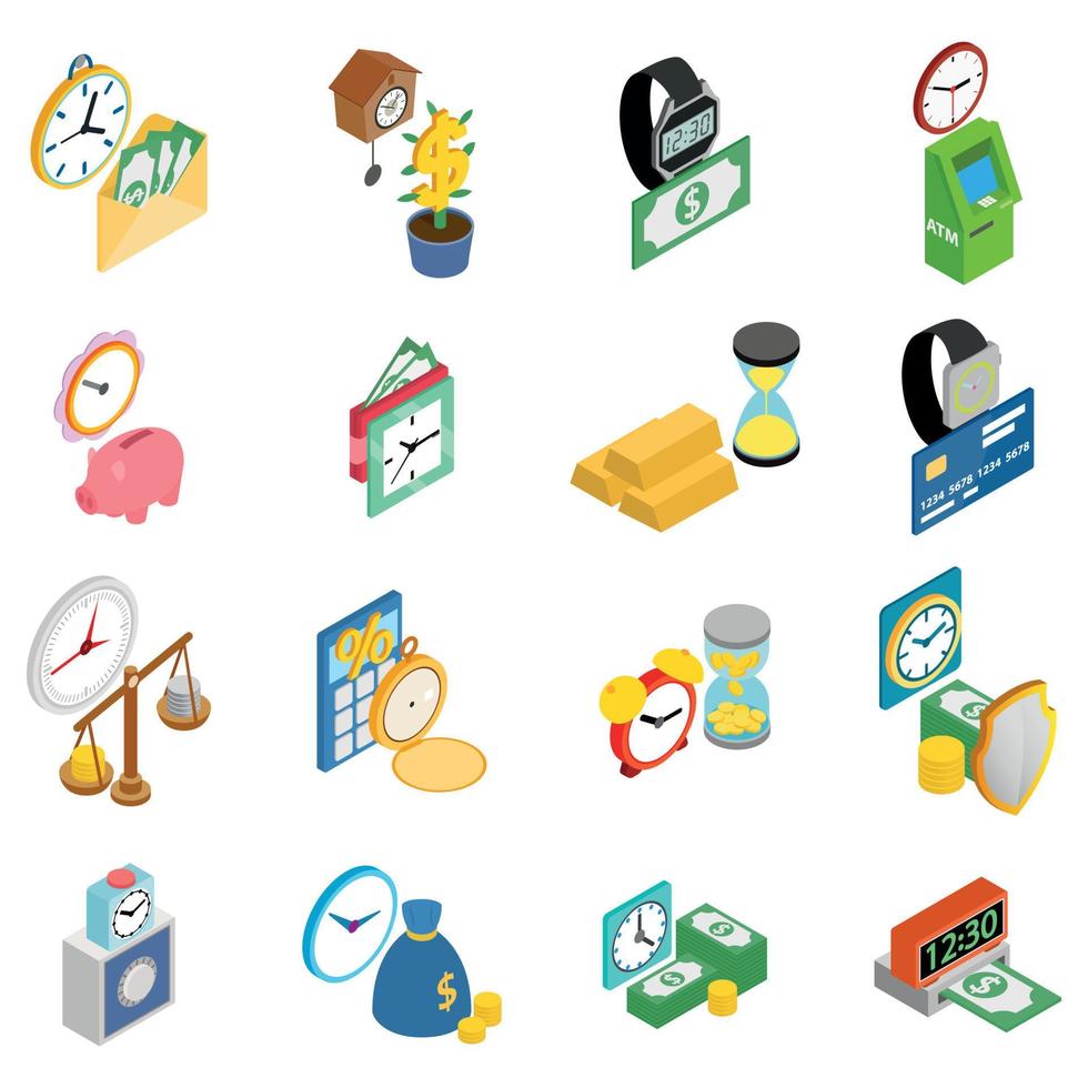 conjunto de iconos de tiempo en efectivo, estilo isométrico vector