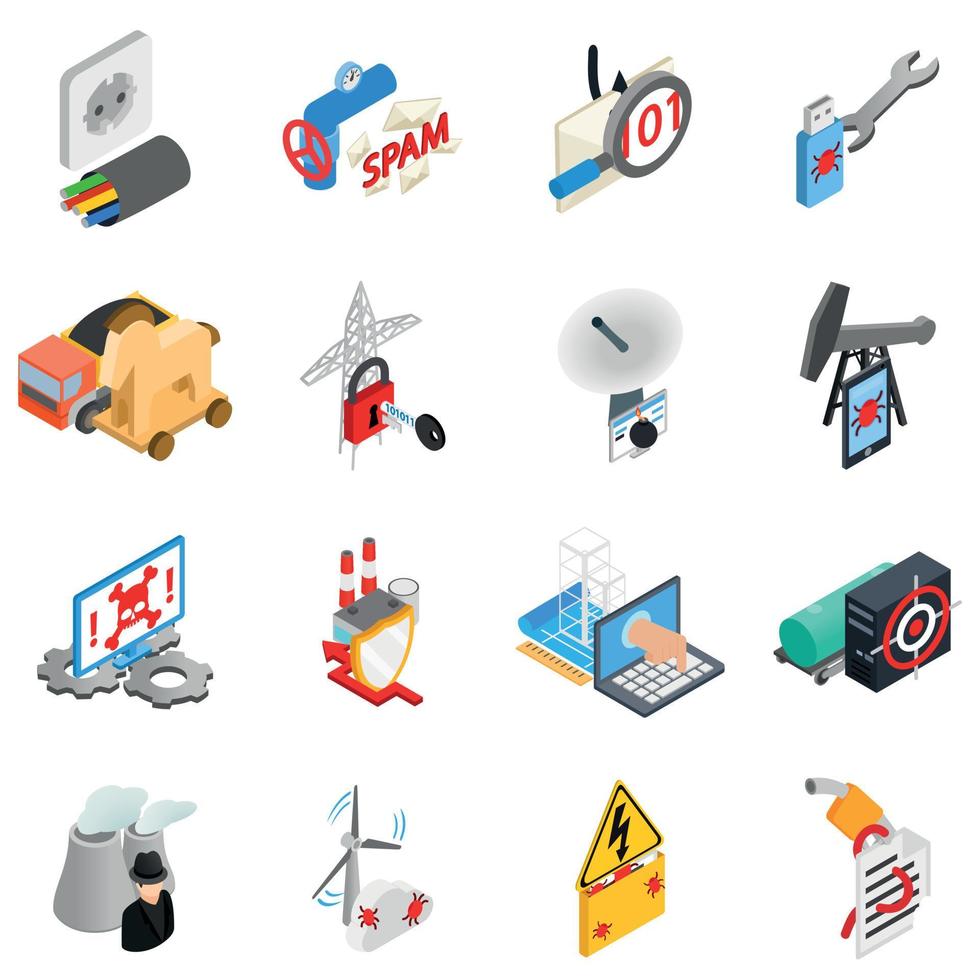 Hacking electricity icons set, isometric style vector