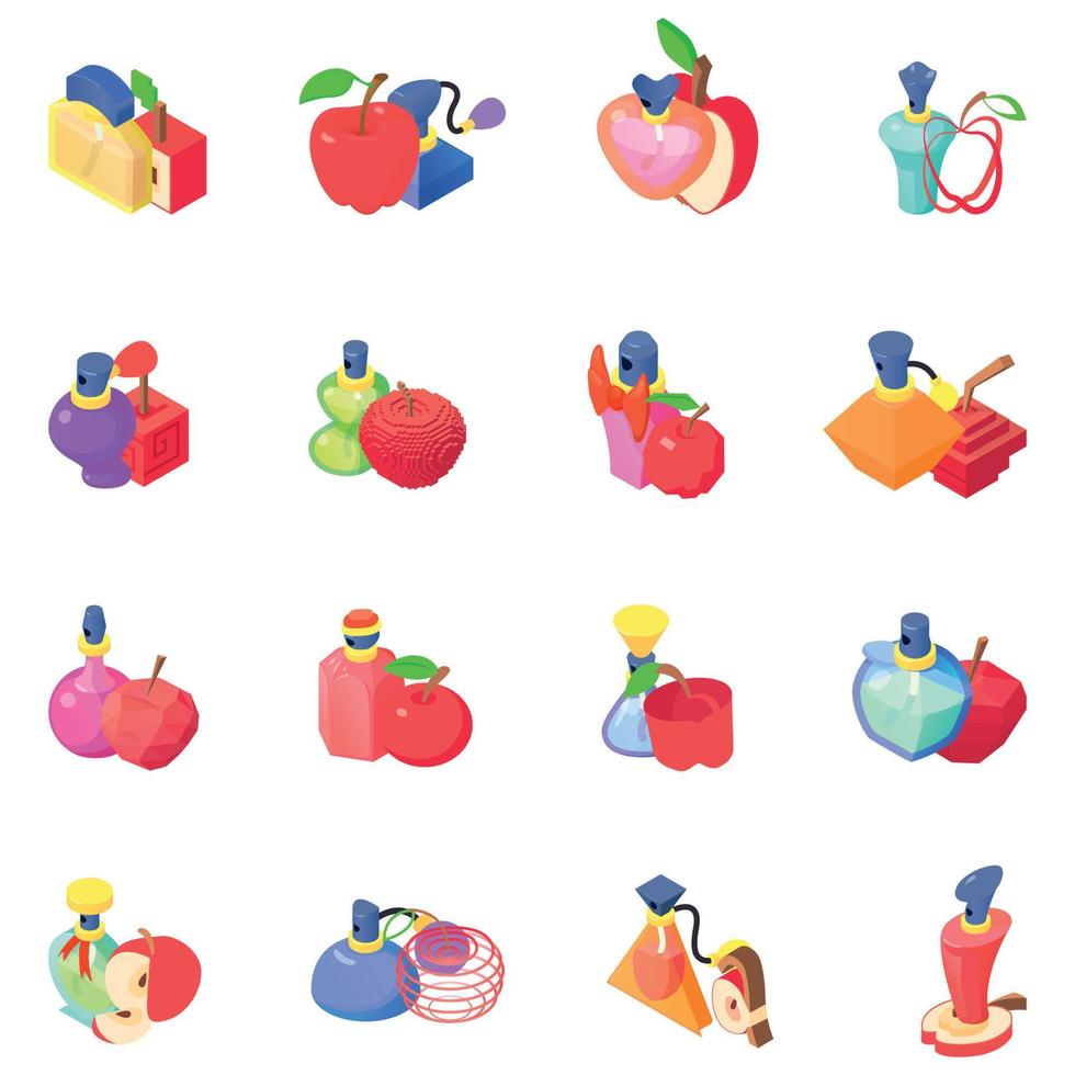 Apple perfume icons set, isometric style vector