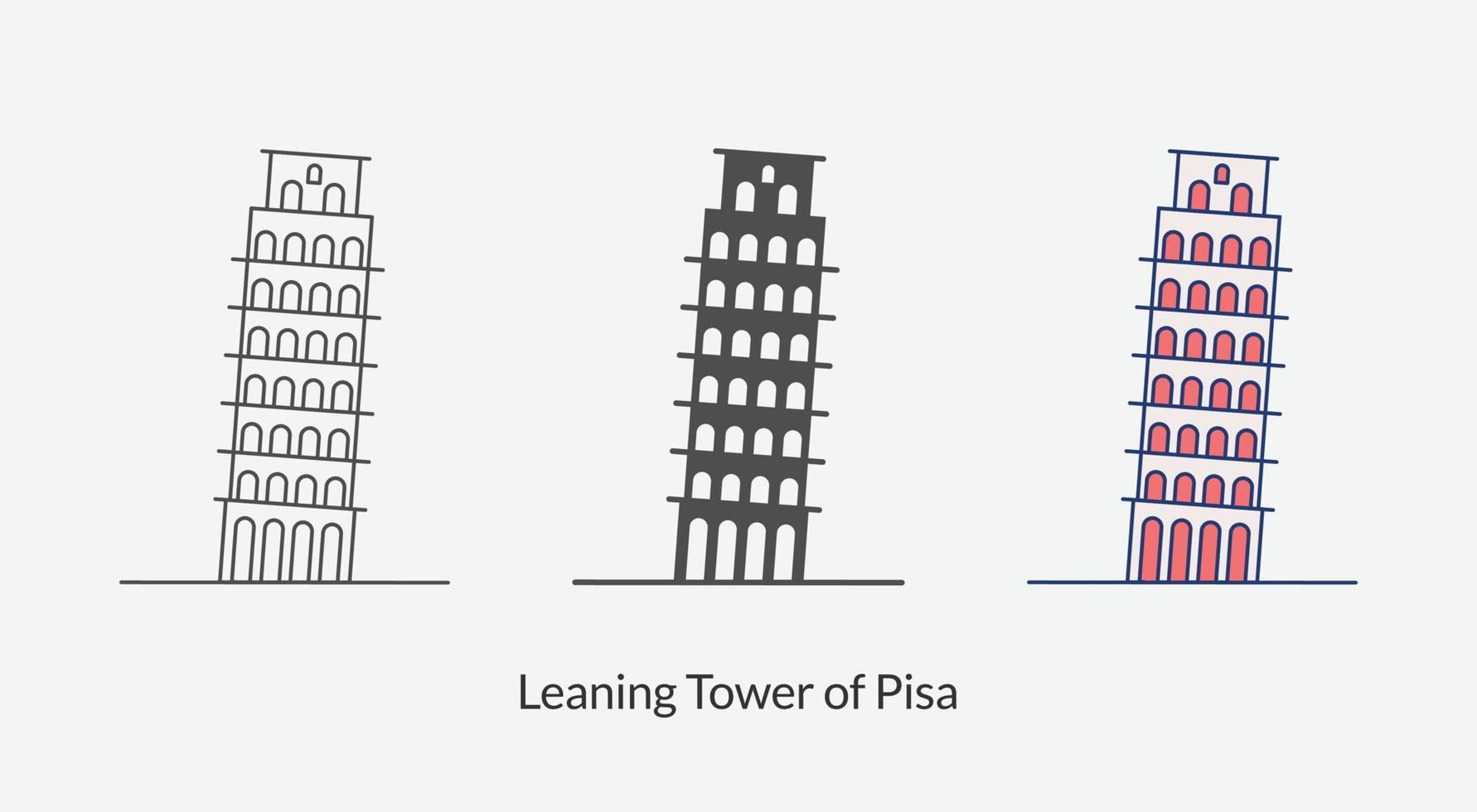 torre inclinada de pisa en icono de italia en ilustración de vectores de estilo diferente.