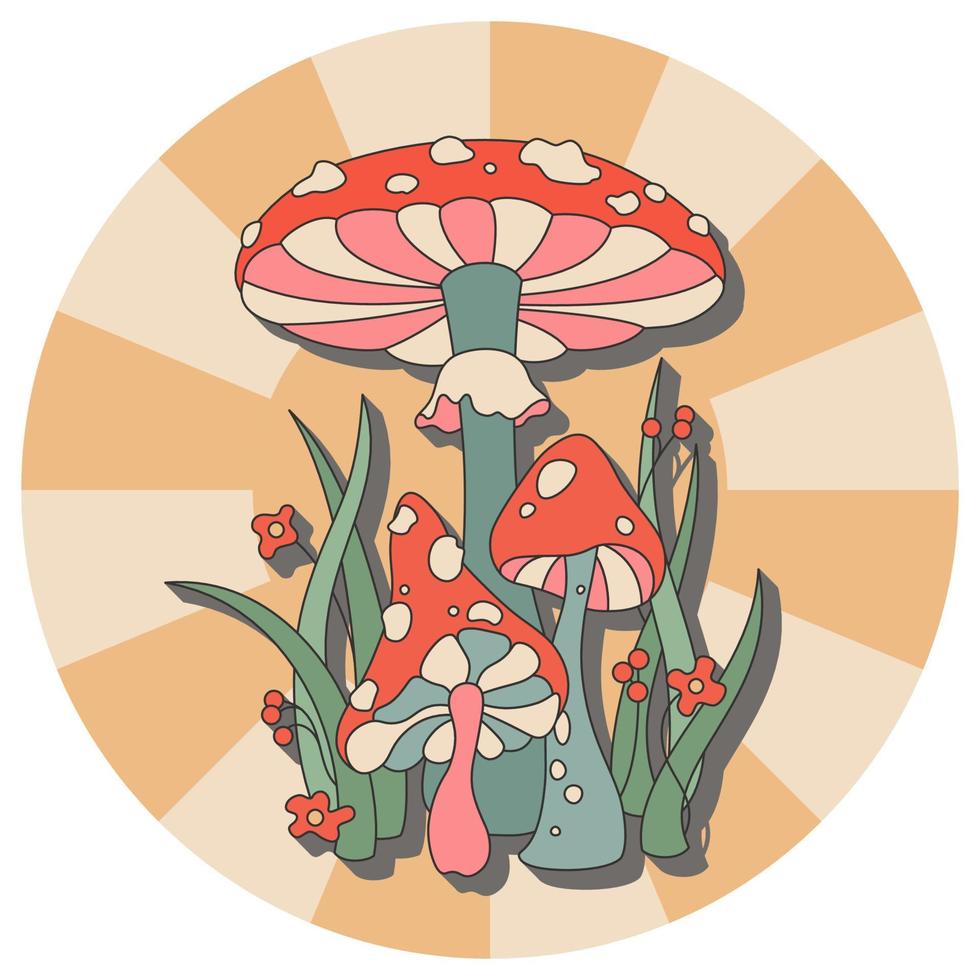 Vector color illustration of mushrooms fly agarics, toadstools, herbs and flowers in the colors of 1970