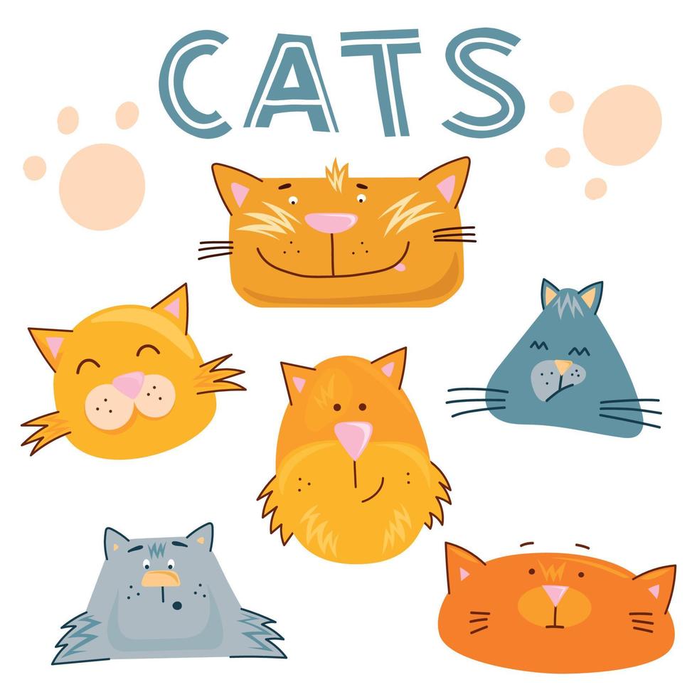 Collection of 6 cat faces with emotions. Funny and cute vector illustration set isolated on white background for poster, banner, web, design