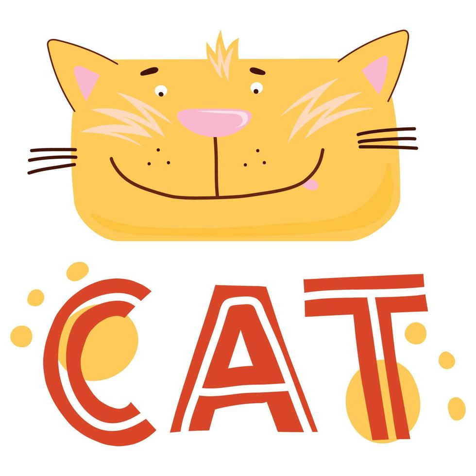 Design print of funny yellow. Nursery print with cat and lettering. Vector illustration isolated on white background. For birthday invitation, baby shower, card, poster, clothing