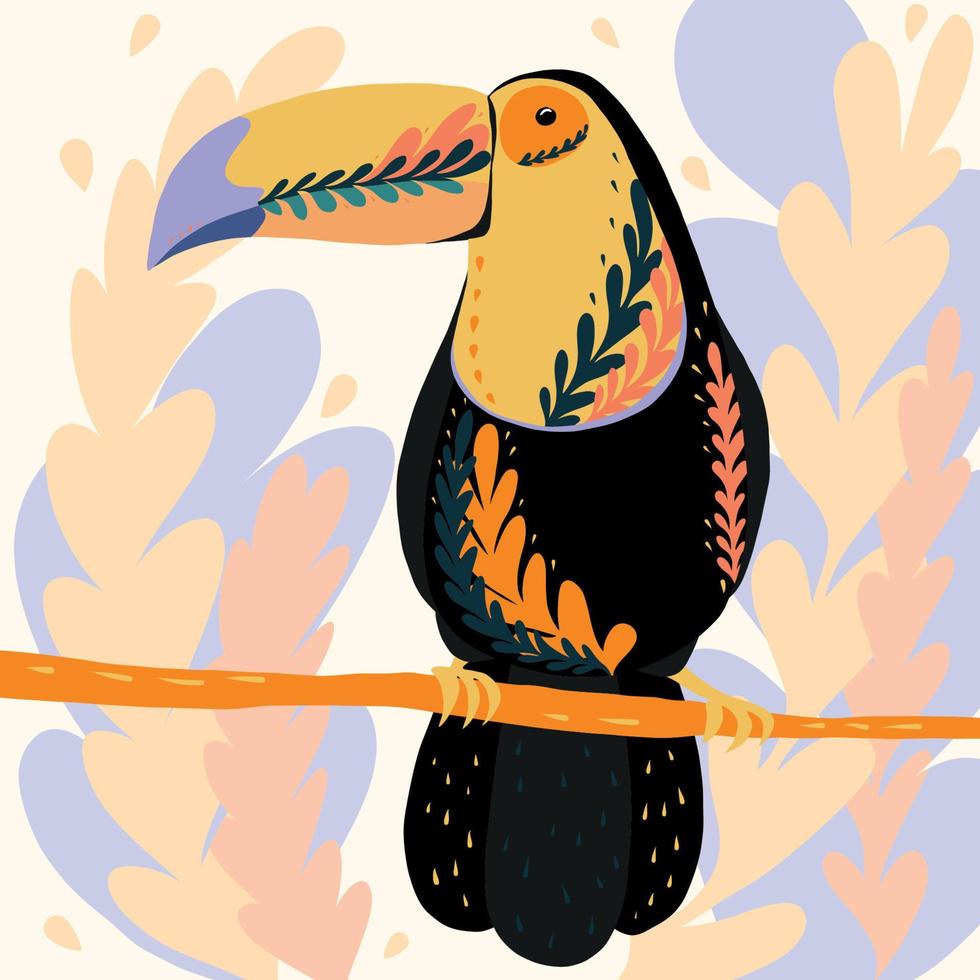 Vector illustration of fantastic colorful unusual bird in a vivid design. Tropical fauna style