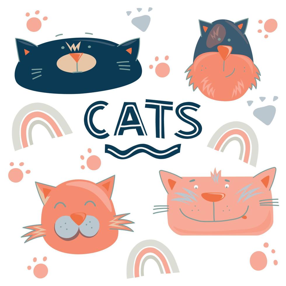 colección de 4 caras de gatos con emociones. divertido y lindo conjunto de ilustraciones vectoriales aislado en fondo blanco para afiches, pancartas, web, diseño vector