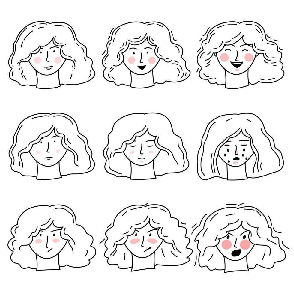 Hand-drawn doodle vector set with girl's faces with different emotions of happiness, sadness and anger