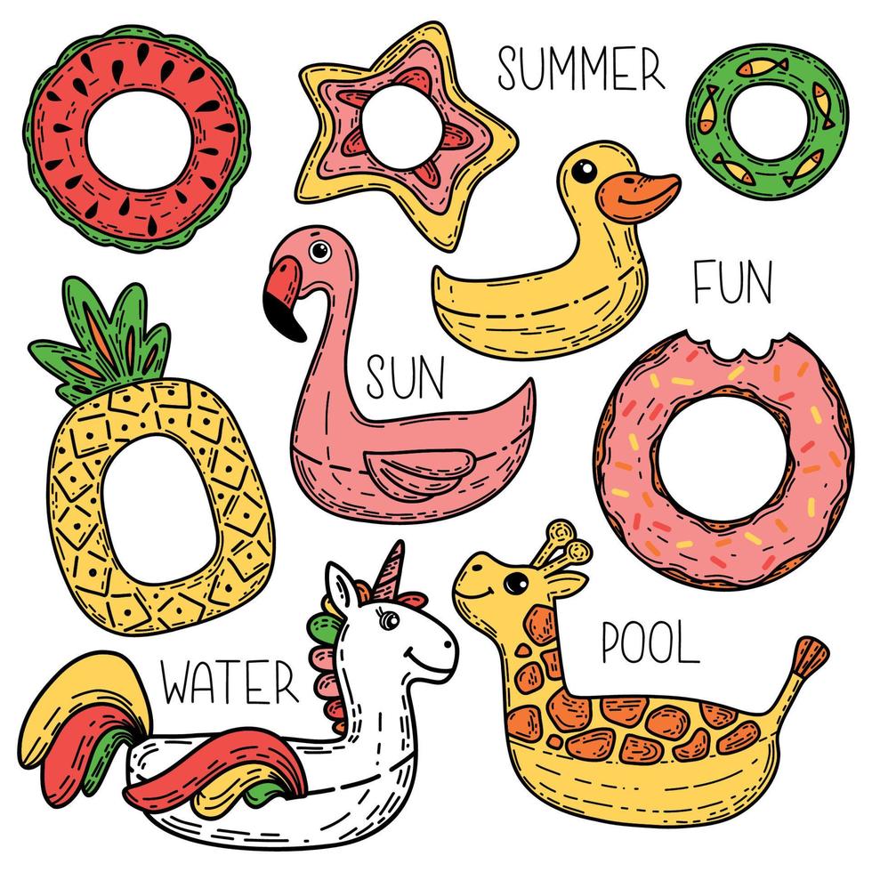 Set of colorful vector inflatable floats rings tubes for kids