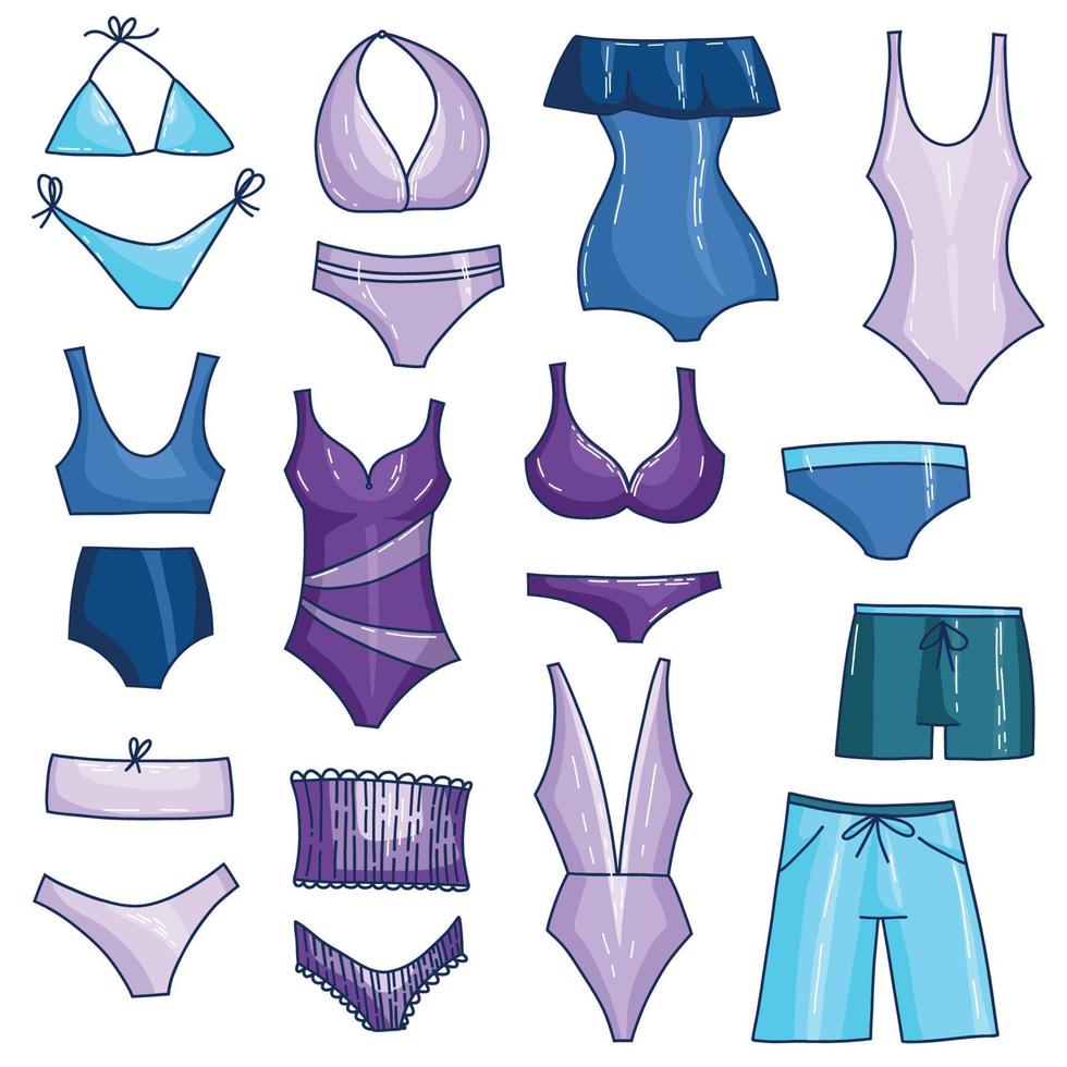 Vector set of cartoon doodle swimsuits and bikini underwear elements, beach beauty brassiere, elegant hand drawn clothing collection
