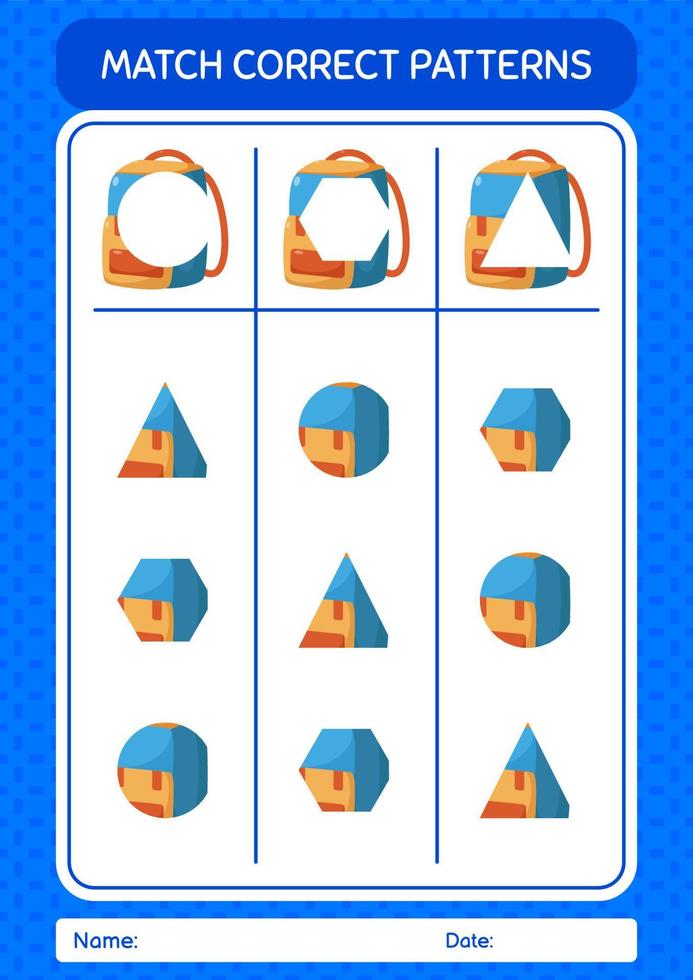 Match pattern game with backpack. worksheet for preschool kids, kids activity sheet vector