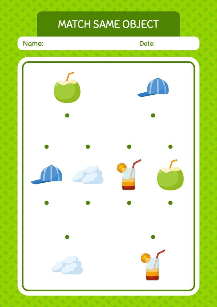 Match with same object game summer icon. worksheet for preschool kids, kids activity sheet vector