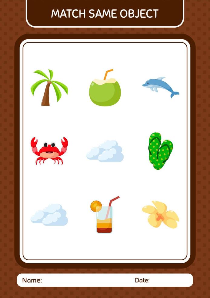 Match with same object game summer icon. worksheet for preschool kids, kids activity sheet vector