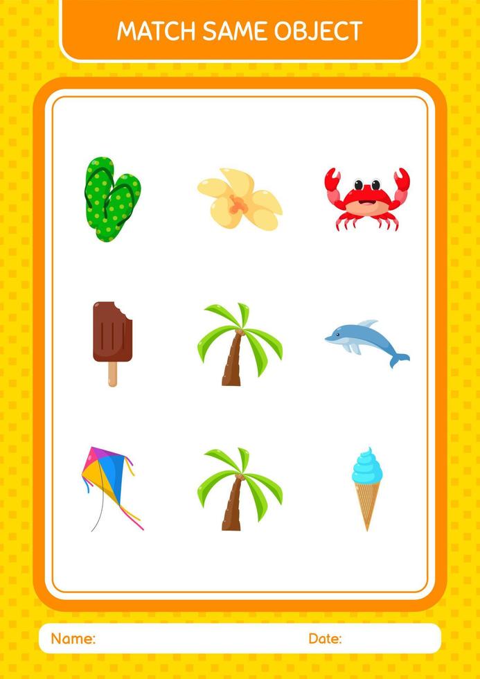 Match with same object game summer icon. worksheet for preschool kids, kids activity sheet vector