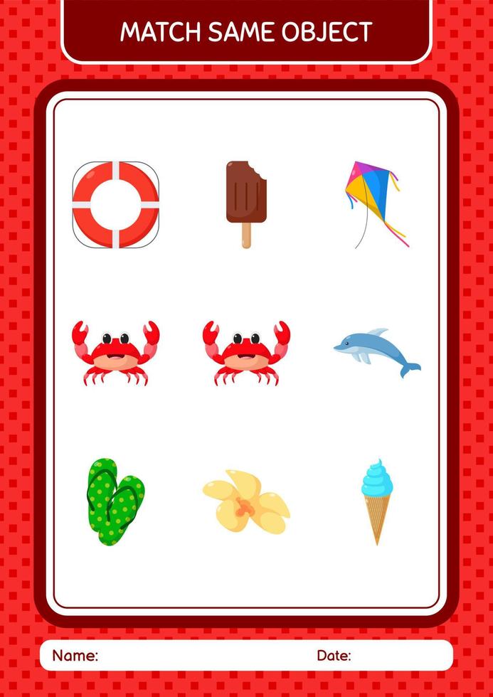 Match with same object game summer icon. worksheet for preschool kids, kids activity sheet vector