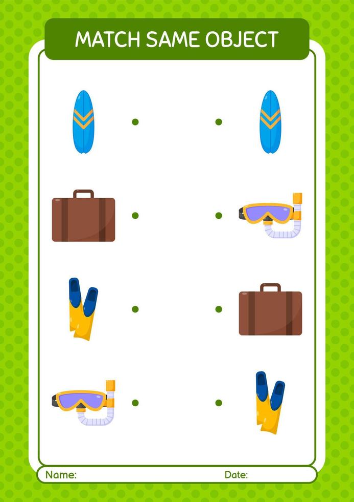 Match with same object game summer icon. worksheet for preschool kids, kids activity sheet vector