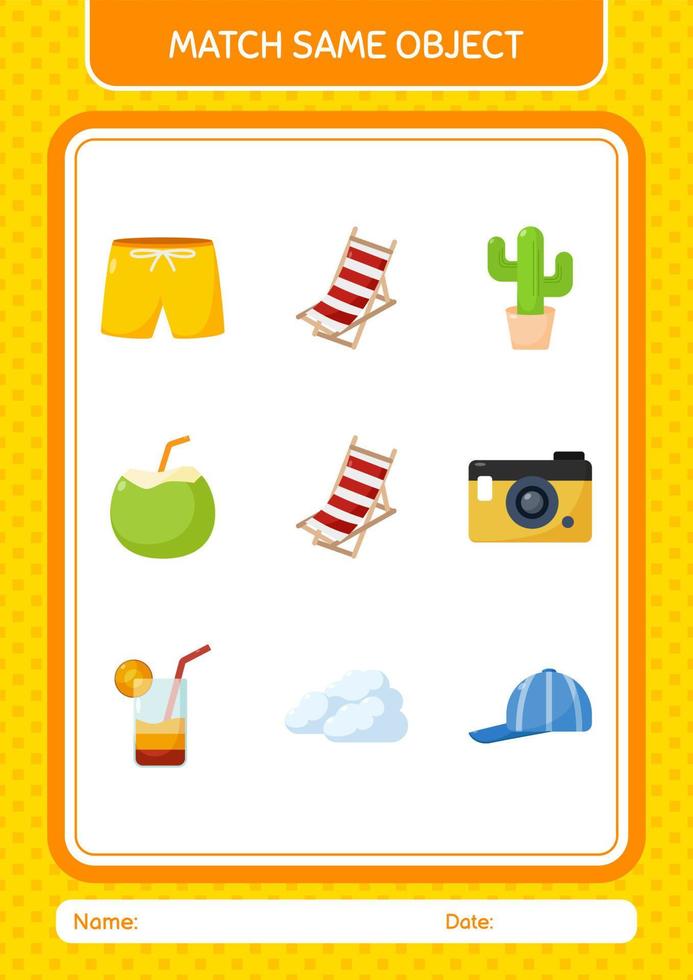 Match with same object game summer icon. worksheet for preschool kids, kids activity sheet vector