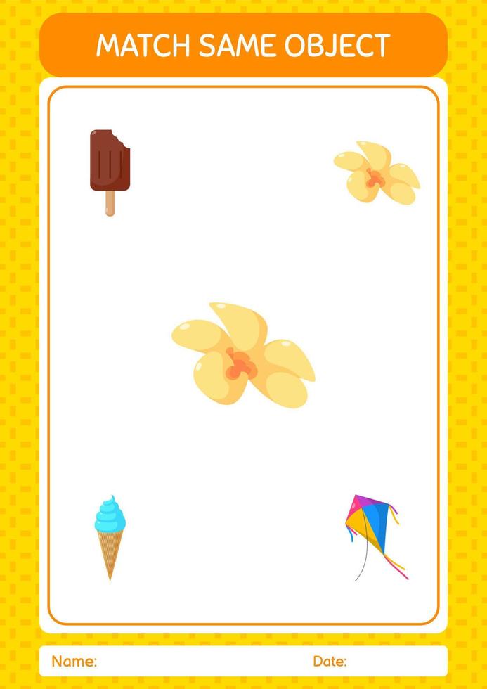 Match with same object game summer icon. worksheet for preschool kids, kids activity sheet vector