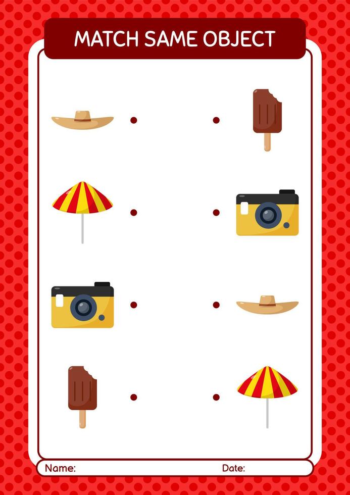 Match with same object game summer icon. worksheet for preschool kids, kids activity sheet vector
