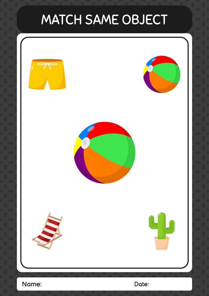 Match with same object game summer icon. worksheet for preschool kids, kids activity sheet vector