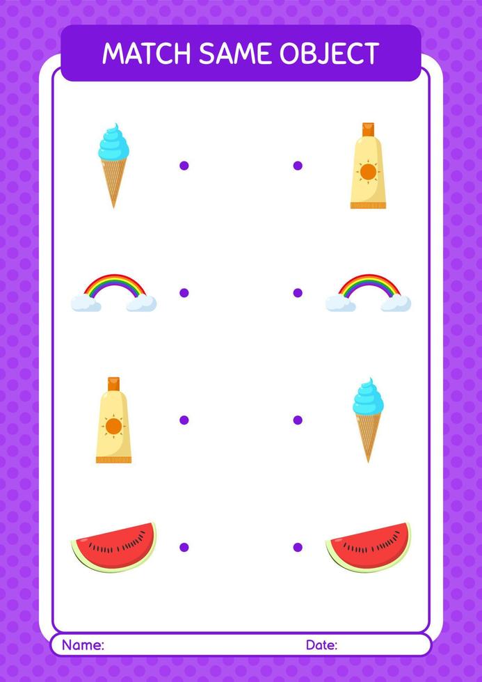 Match with same object game summer icon. worksheet for preschool kids, kids activity sheet vector