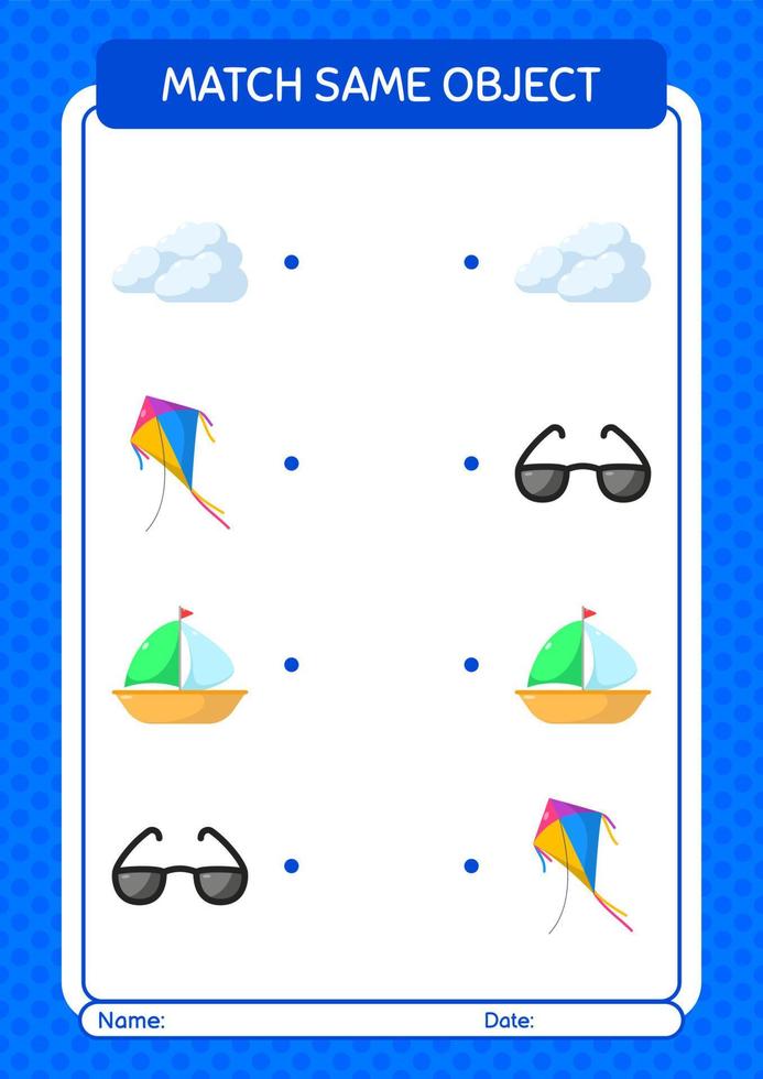 Match with same object game summer icon. worksheet for preschool kids, kids activity sheet vector