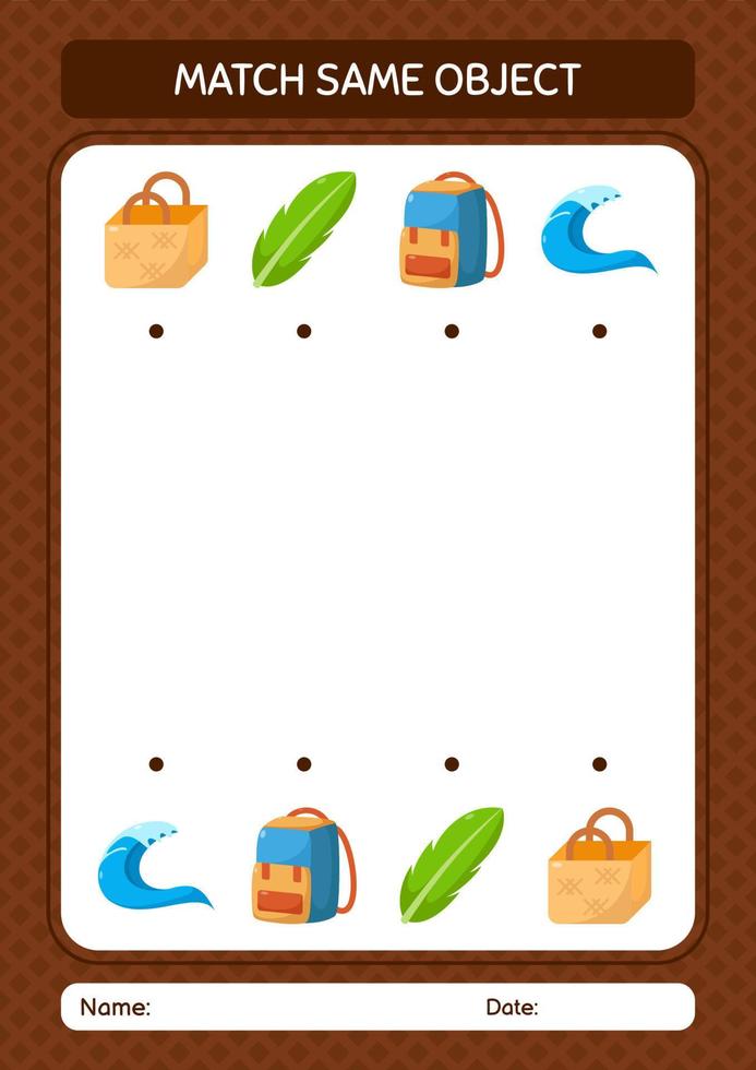 Match with same object game summer icon. worksheet for preschool kids, kids activity sheet vector