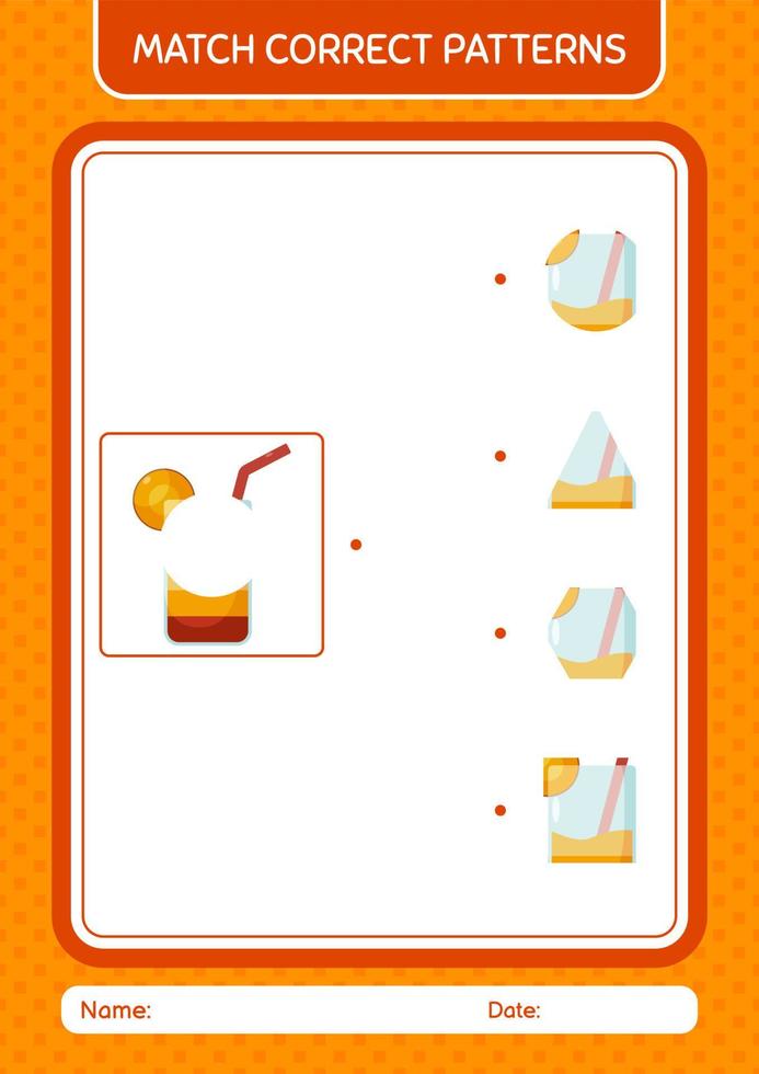 Match pattern game with cocktail. worksheet for preschool kids, kids activity sheet vector