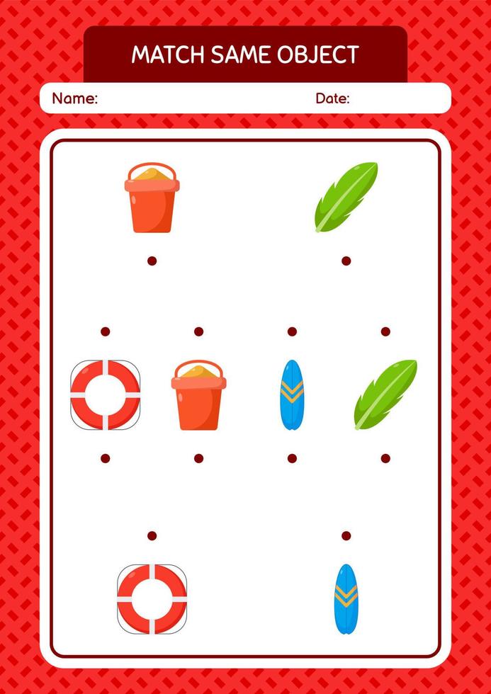 Match with same object game summer icon. worksheet for preschool kids, kids activity sheet vector