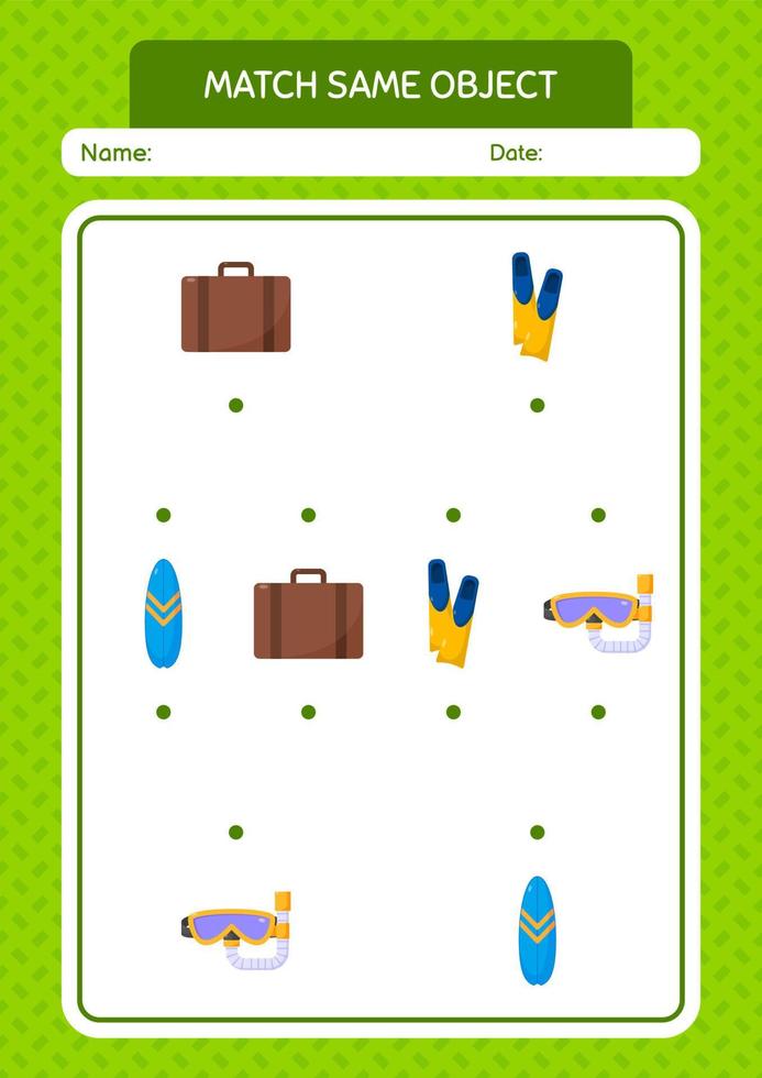 Match with same object game summer icon. worksheet for preschool kids, kids activity sheet vector