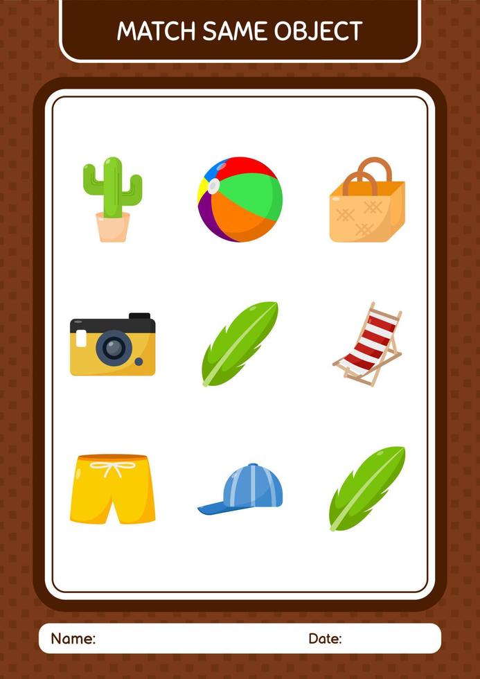 Match with same object game summer icon. worksheet for preschool kids, kids activity sheet vector